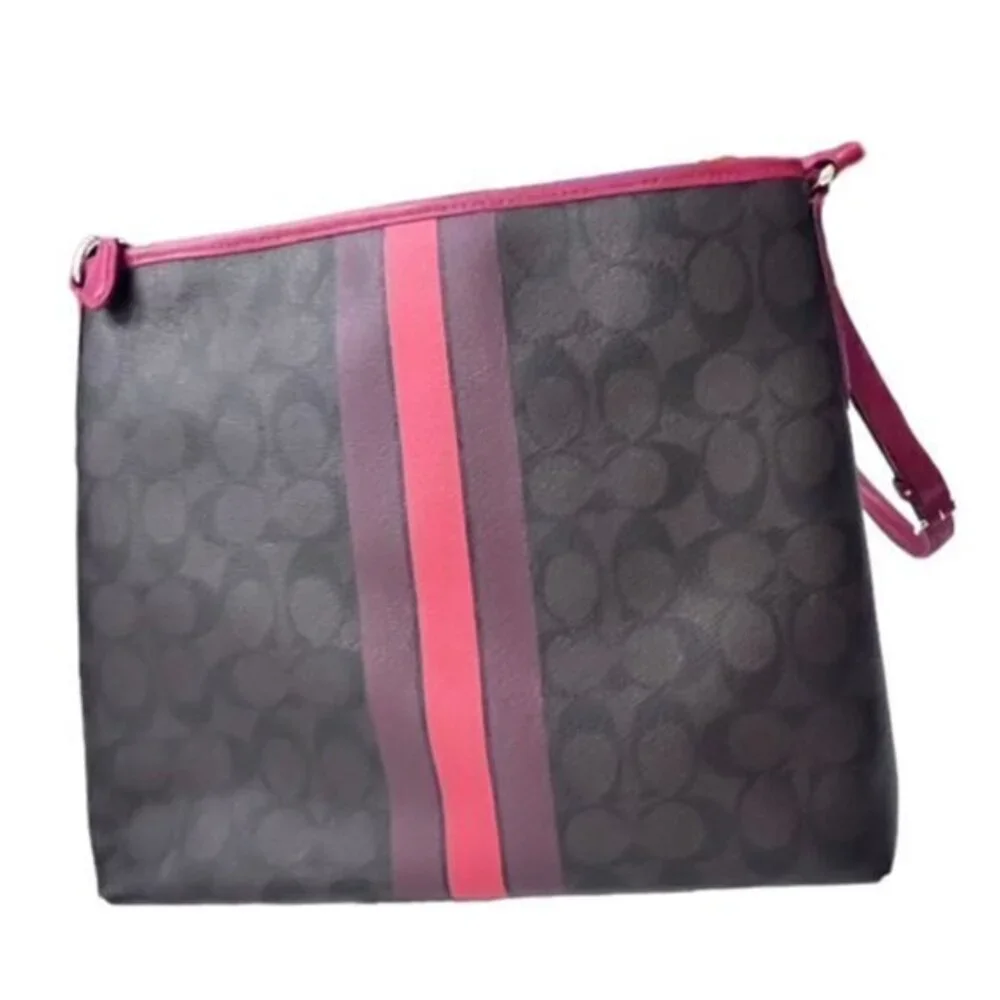 🎉SALE🎉 COACH Signature Varsity Stripe Crossbody Bag Brown Red PVC - Picture 9 of 16